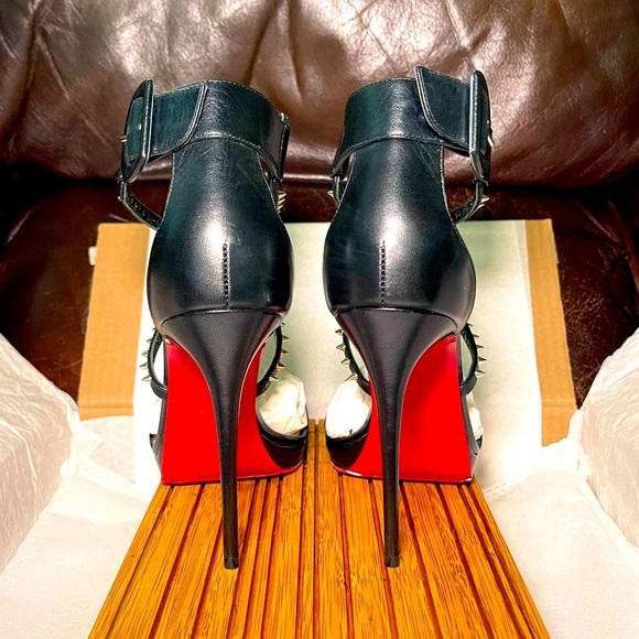 Christian Louboutin ChocaLux 100 spike Napa blk leather stiletto sandals EU 38.5 - Picture 6 of 11